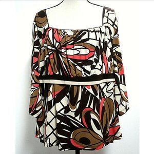 AB Studio Womens 2X Blouse Brown Beige Square Neck